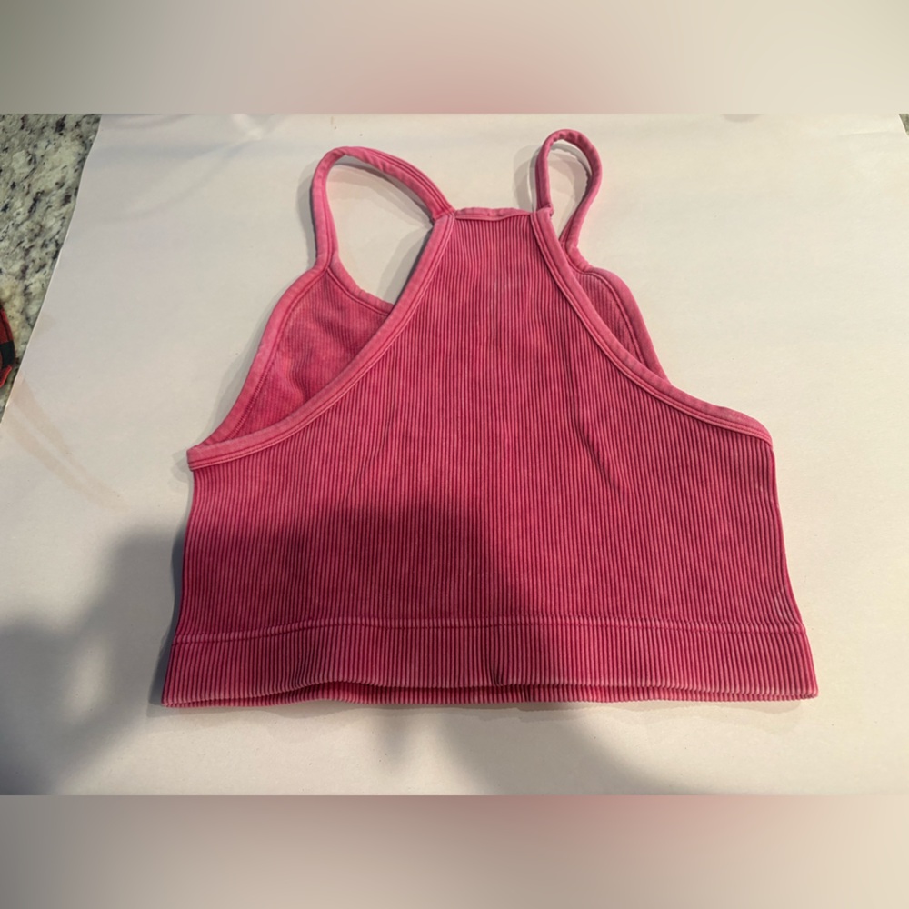 Zenana Pink Ribbed Racerback Crop Top - Picture 2 of 3